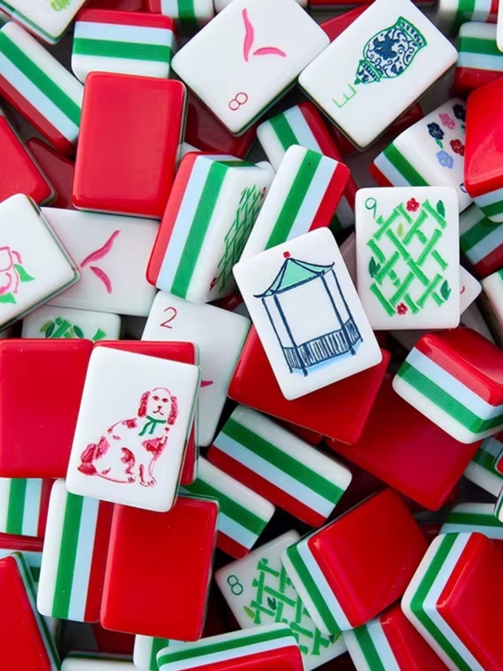 Red, Green & White Mahjong Tiles - Decorative Game Set